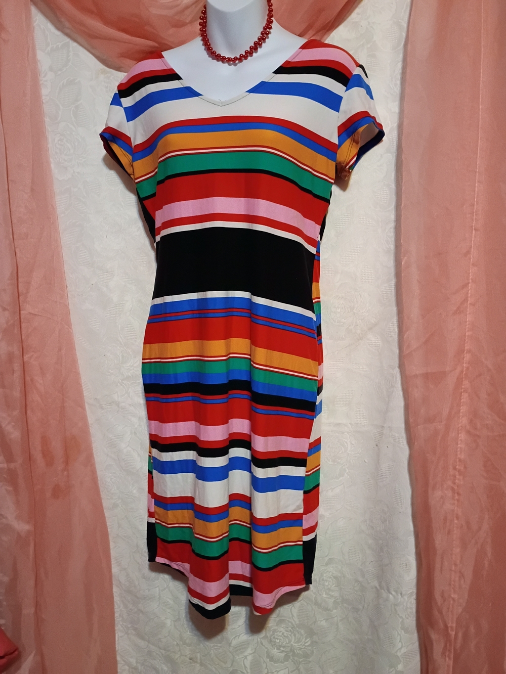 Faded Glory Multicolor Striped V-Neck Midi Dress Sz Sm